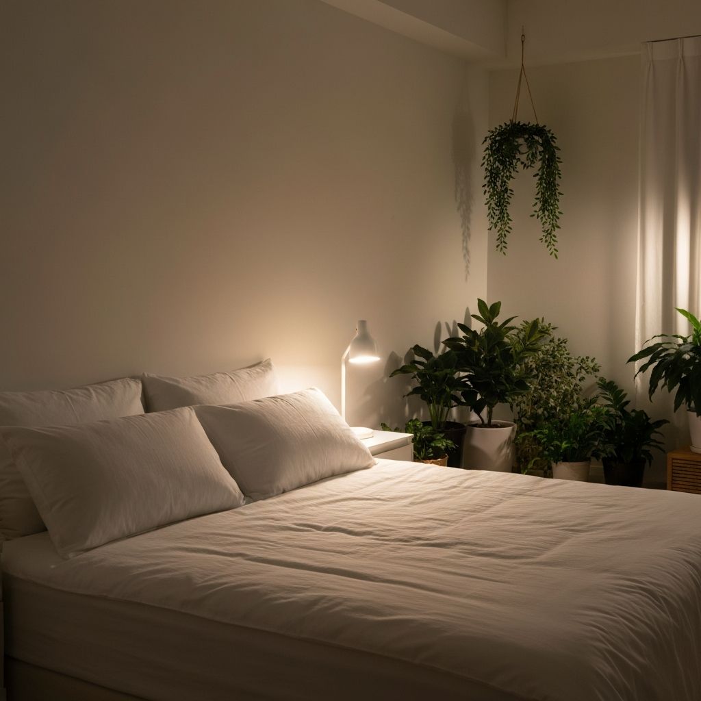 Serene bedroom with soft lighting and comfortable bedding